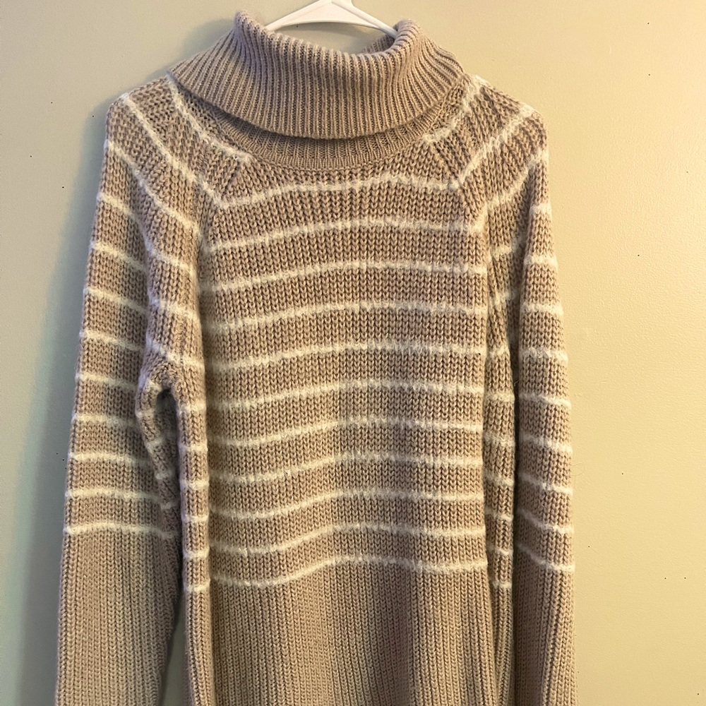 Tan and white striped scoop neck sweater